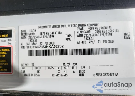 2017 Ford Transit Chassis z USA, uszkodzony, nr VIN 1FDYR5ZM3HKA52732